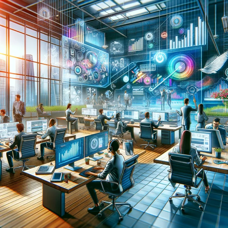 DALL·E 2024-02-14 23.13.57 - A vibrant and detailed office scene depicting a modern media buyer team at work