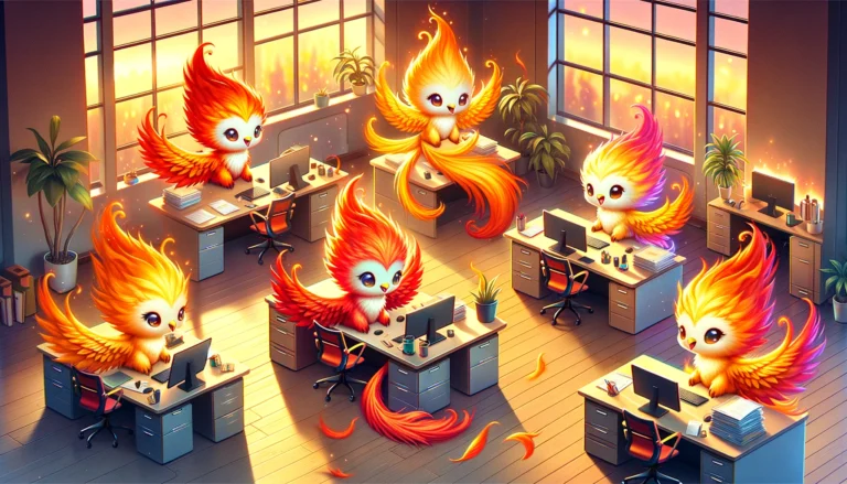 DALL·E 2024-02-20 14.02.20 - Imagine a whimsical office scene where four cute little phoenixes, embodying the vibrant colors of flames, serve as managers