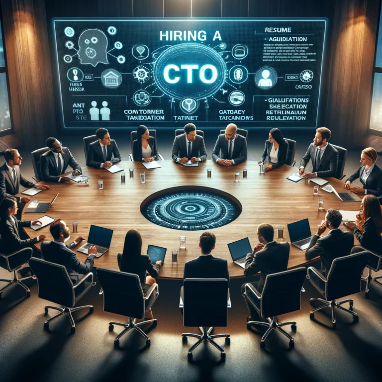 DALL·E 2024-03-08 06.30.04 - Create an image illustrating the theme 'Hiring a CTO'. The scene is set in a corporate boardroom with a large, oval table