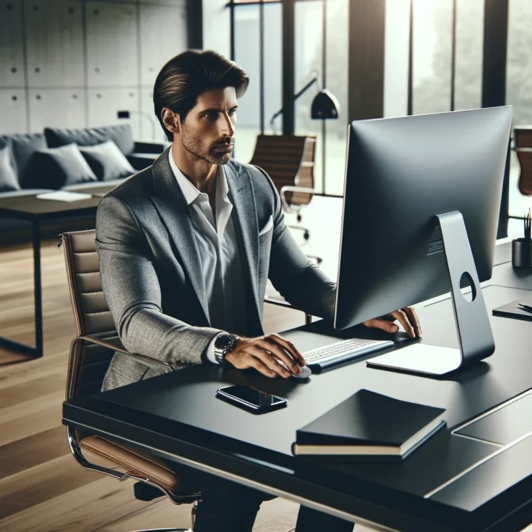 DALL·E 2024-03-09 12.51.09 - An image of a confident male leader sitting at a modern, sleek office desk, deeply focused on his work on a high-end computer